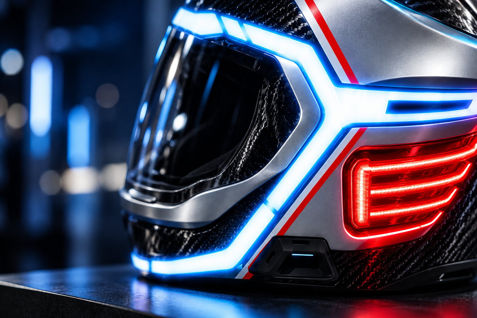 Close-up of the TALI helmet, carbon fibre, cyan light and red rear panel. Generated mood illustration.